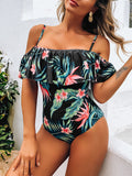 Airchics maillot de bain une pièce motif tropical volantée épaules dénudées femme vert