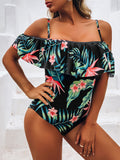Airchics maillot de bain une pièce motif tropical volantée épaules dénudées femme vert