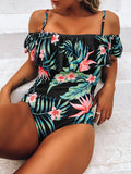 Airchics maillot de bain une pièce motif tropical volantée épaules dénudées femme vert