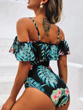 Airchics maillot de bain une pièce motif tropical volantée épaules dénudées femme vert