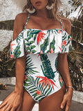 Airchics maillot de bain imprimée tropicale une pièce volantée épaules fendues femme vert et blanc