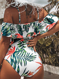 Airchics maillot de bain imprimée tropicale une pièce volantée épaules fendues femme vert et blanc