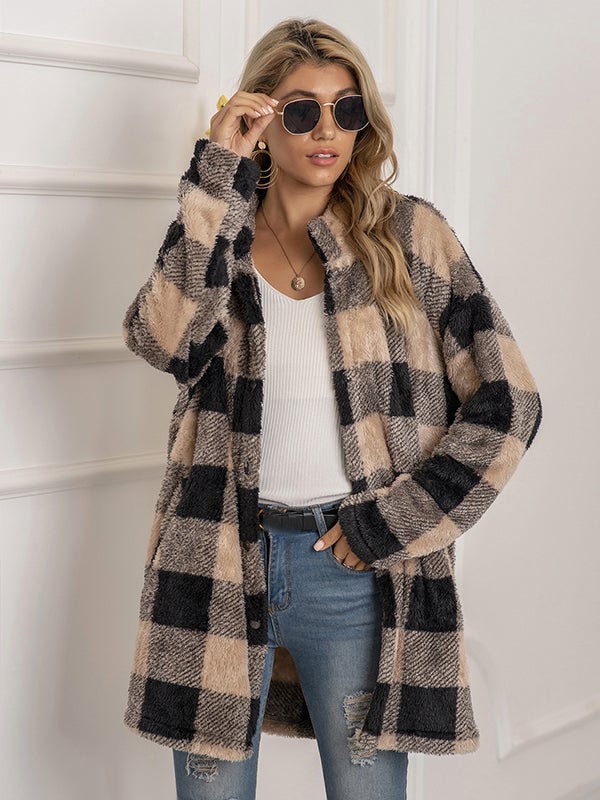 Airchics manteau à carreaux poches boutonnage mode décontracté femme surchemise