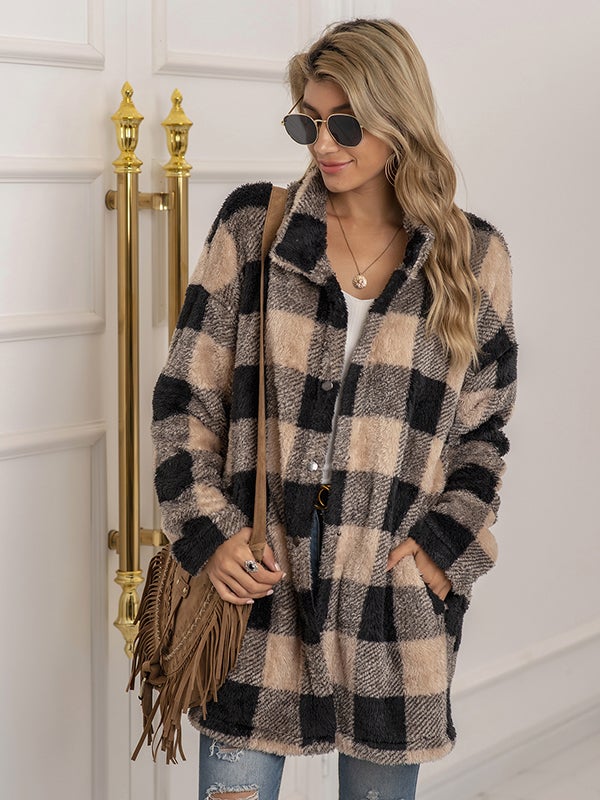 Airchics manteau à carreaux poches boutonnage mode décontracté femme surchemise