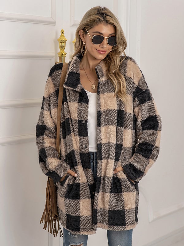 Airchics manteau à carreaux poches boutonnage mode décontracté femme surchemise