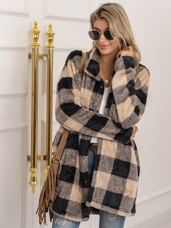 Airchics manteau à carreaux poches boutonnage mode décontracté femme surchemise