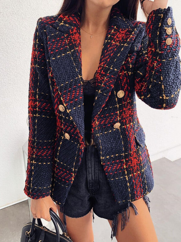 Airchics blazer carreaux double boutonnage col revers mode femme veste rouge