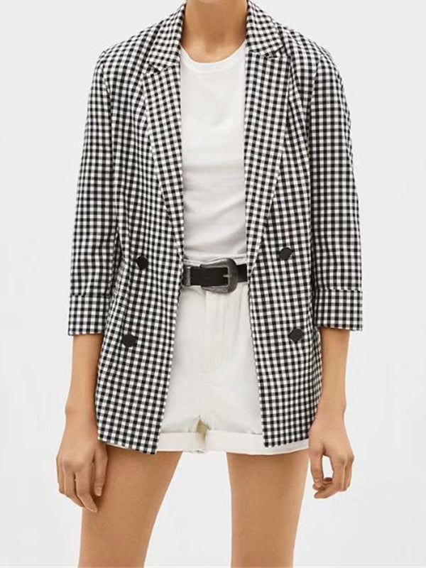 Airchics blazer carreaux double manches 3/4 élégant femme vestes blanc et noir