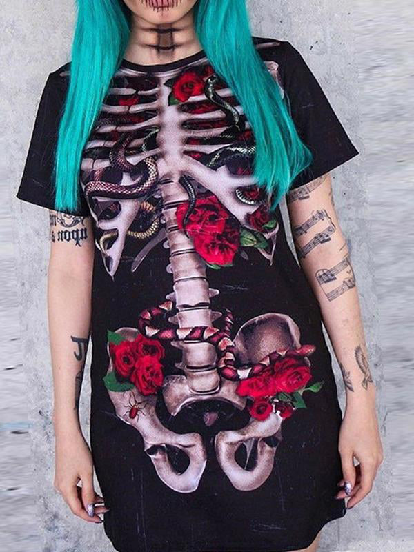 Airchics halloween t-shirt squelette rose motif col rond femme cosplay noir
