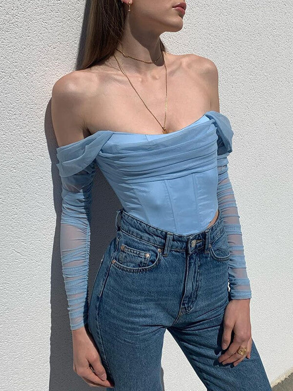 Airchics hauts unicolore tulle col bateau manches longues femme mode