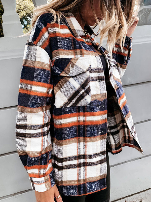 Mode Veste à Carreaux Classique pour Femmes avec Poches Surchemise