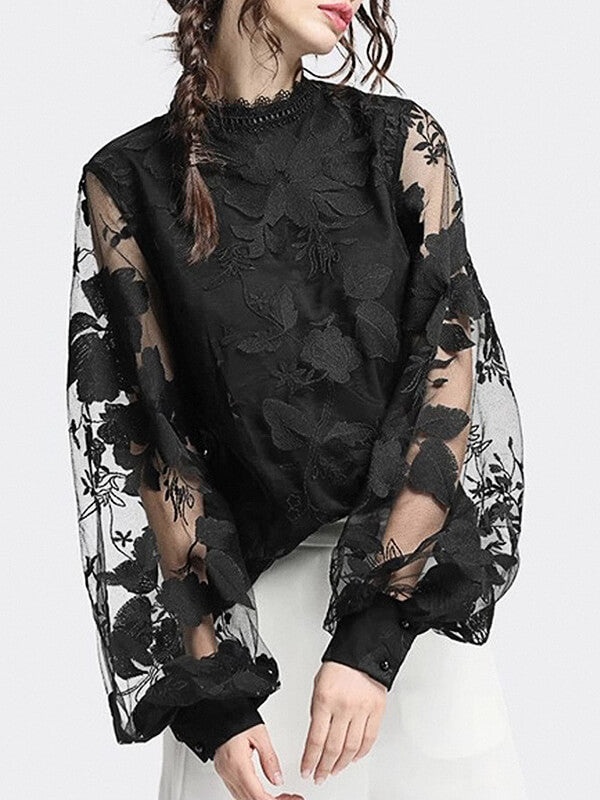 Airchics hauts tulle dentelle col rond manches bouffantes élégant femme