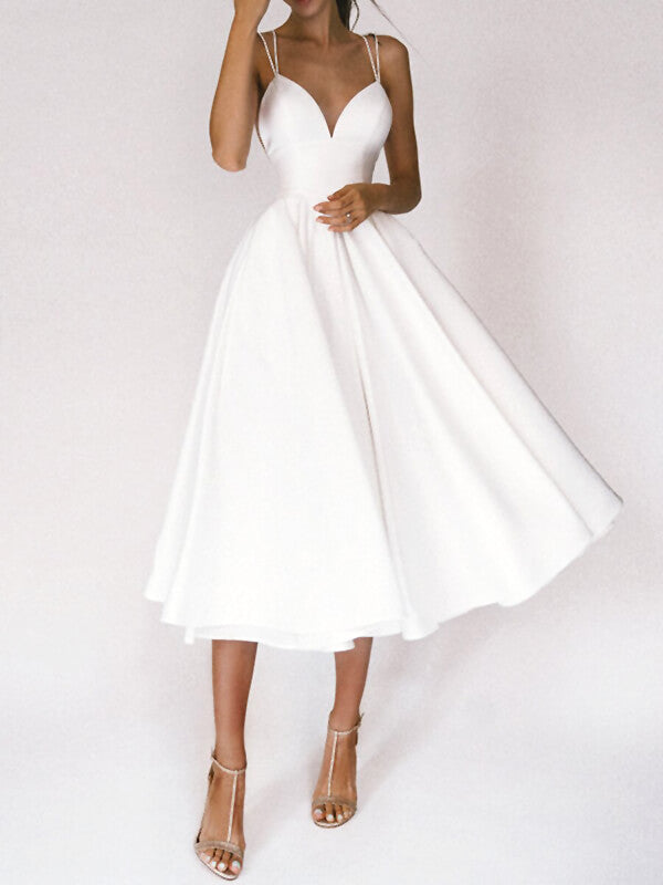 Trapèze Robe à Fines Brides de Cocktail Dos Nu et V-cou Mi-longue