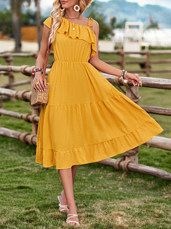 Airchics Élégant Une Épaule Solide Couleur Volants Robe À La Taille