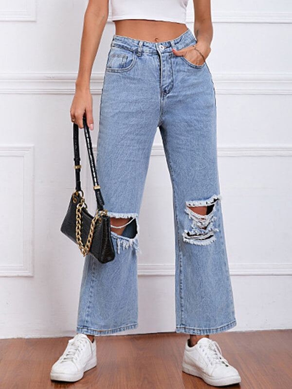 Airchics longue jeans déchiré troué droit boutons avec poches mi taille femme mode