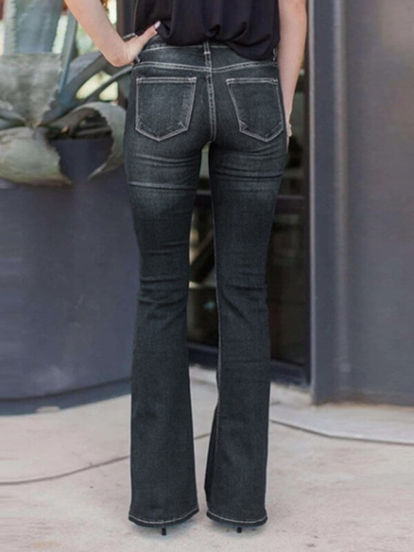 Airchics longue jeans flare évasé boutons avec poches mi taille femme mode