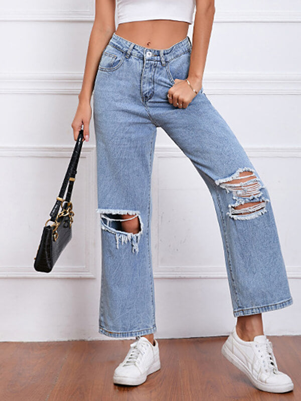 Airchics longue jeans déchiré troué droit boutons avec poches mi taille femme mode