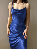 Airchcis robe longue unicolore satin fendu le côté à fines brides élégant soirée