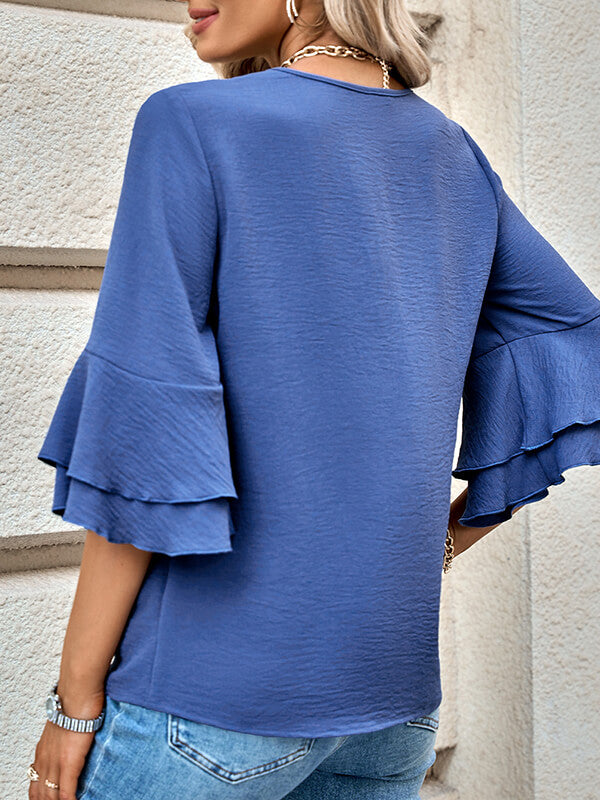 Airchics hauts unicolore v-cou volants superposés manches au coude femme mode