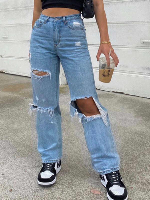 Airchics longue jeans déchiré troué droit boutons avec poches mi taille femme mode