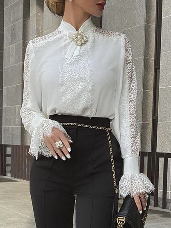 Airchics blouse dentelle transparent col montant femme élégant chemisier style tailleur