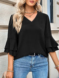 Airchics hauts unicolore v-cou volants superposés manches au coude femme mode