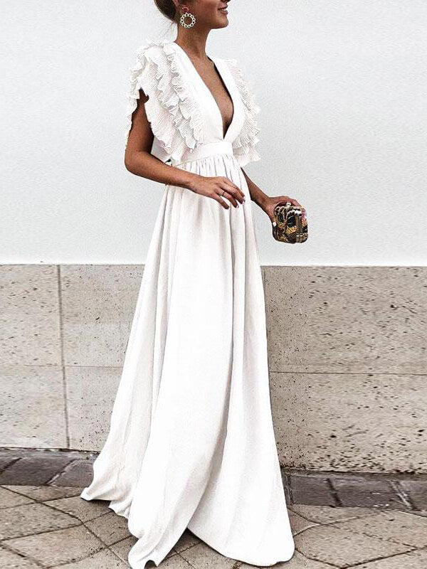 Volantés Robe Maxi Longue Manches Courtes avec Décolleté en V Profond