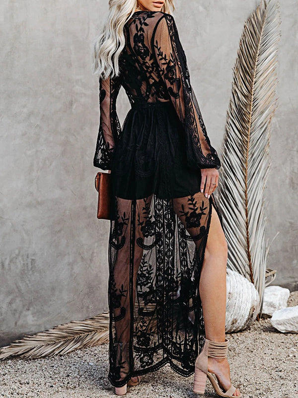 V-cou Robe Long en Broderie Anglaise de Cocktail Fendu le Côté Élégant