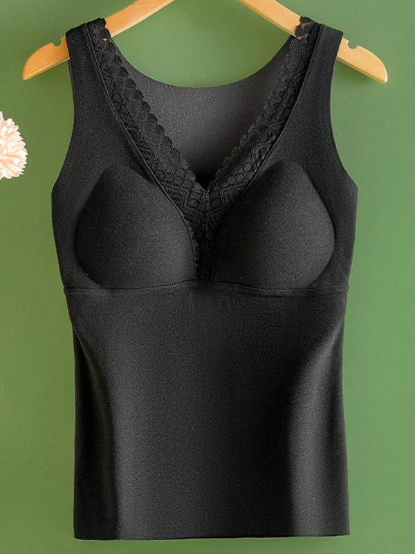 Airchics débardeur matelassé doublé de polaire chaude en dentelle contrastée v-cou sans manches femme mode hiver