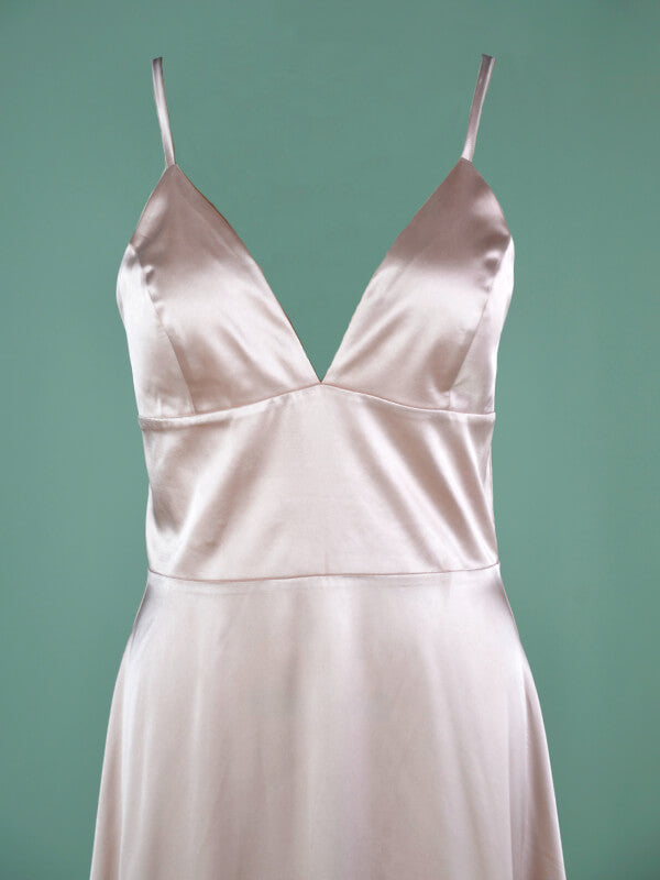 Satin Robe Longue de Demoiselle d'Honneur V-cou à Fines Brides Dorée