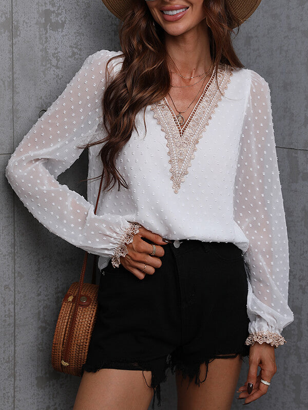 Airchics blouse mousseline dentelle v-cou manches longues femme style tailleur