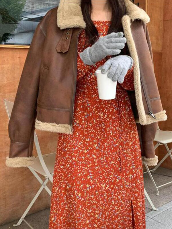 Airchics court manteau aviateur doublé polaire suedine fermeture éclair col revers femme mode café