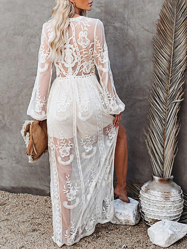 V-cou Robe Long en Broderie Anglaise de Cocktail Fendu le Côté Élégant