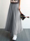 Mode Jupe Tutu Longue avec Tulle Plissé Taille Élastique Femme Gris