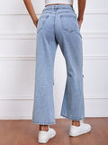 Airchics longue jeans déchiré troué droit boutons avec poches mi taille femme mode