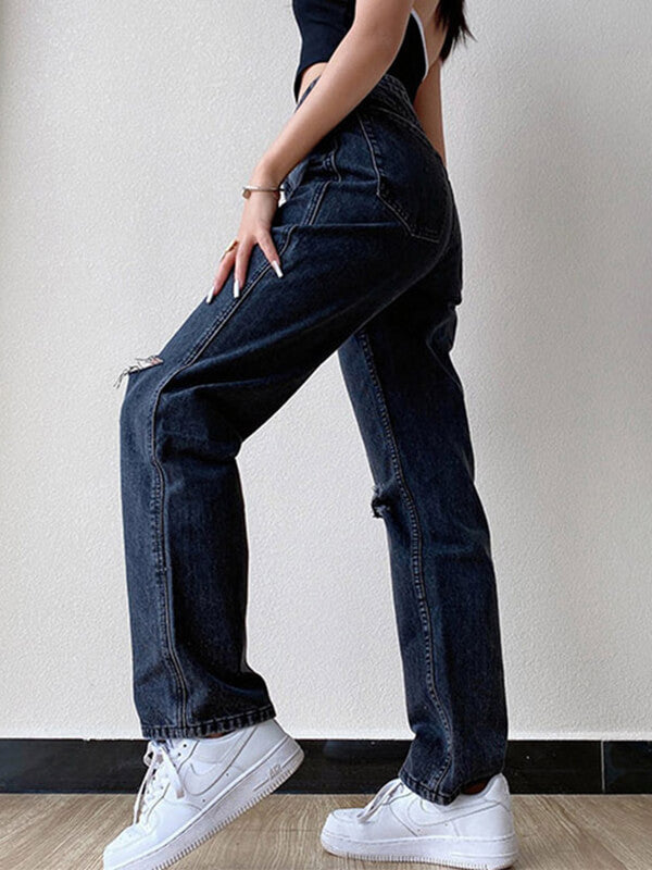 Airchics longue jeans déchiré troué larges jambes évasé boutons avec poches mi taille femme mode