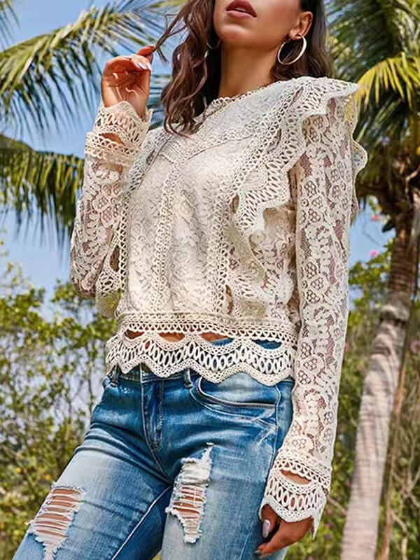 Airchics hauts broderie anglaise avec fermeture éclair col rond élégant femme