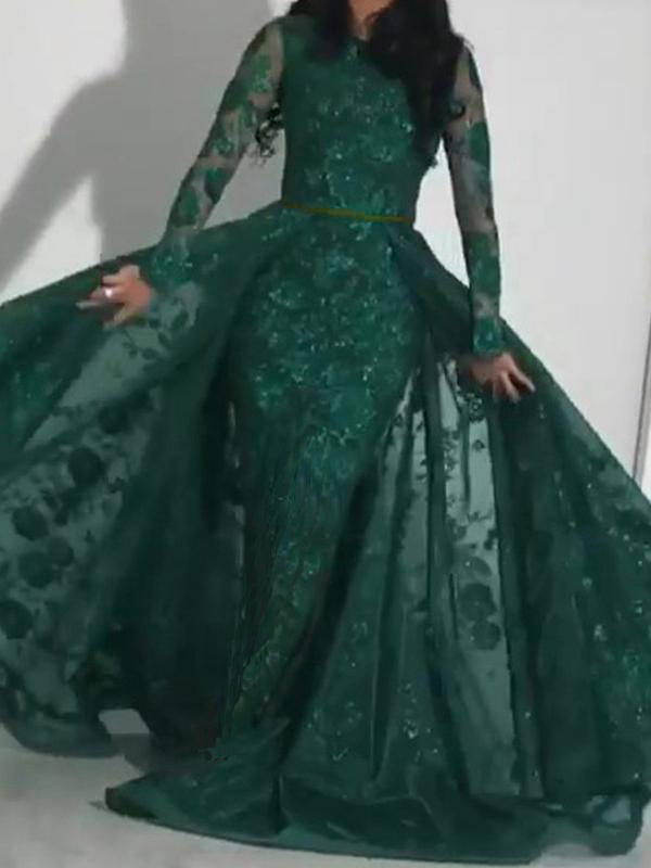 Vertes Robe Broderies de Soirée Manches Longues à Brillante Paillette
