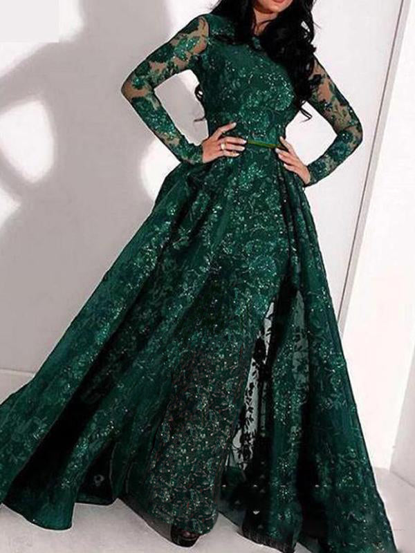 Vertes Robe Broderies de Soirée Manches Longues à Brillante Paillette