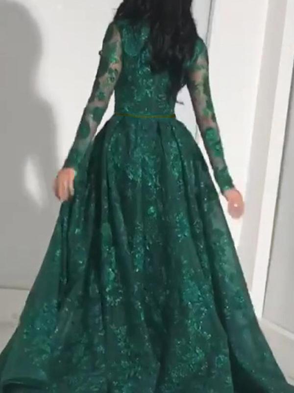 Vertes Robe Broderies de Soirée Manches Longues à Brillante Paillette