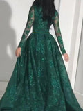 Vertes Robe Broderies de Soirée Manches Longues à Brillante Paillette