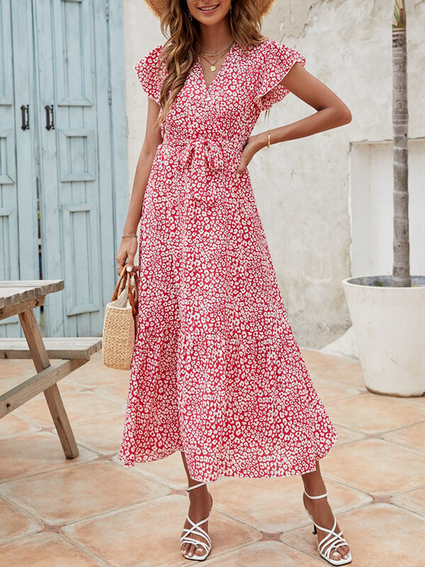 Airchics robe longue imprimé à fleurie mousseline ceinture v-cou manches courtes mode plage