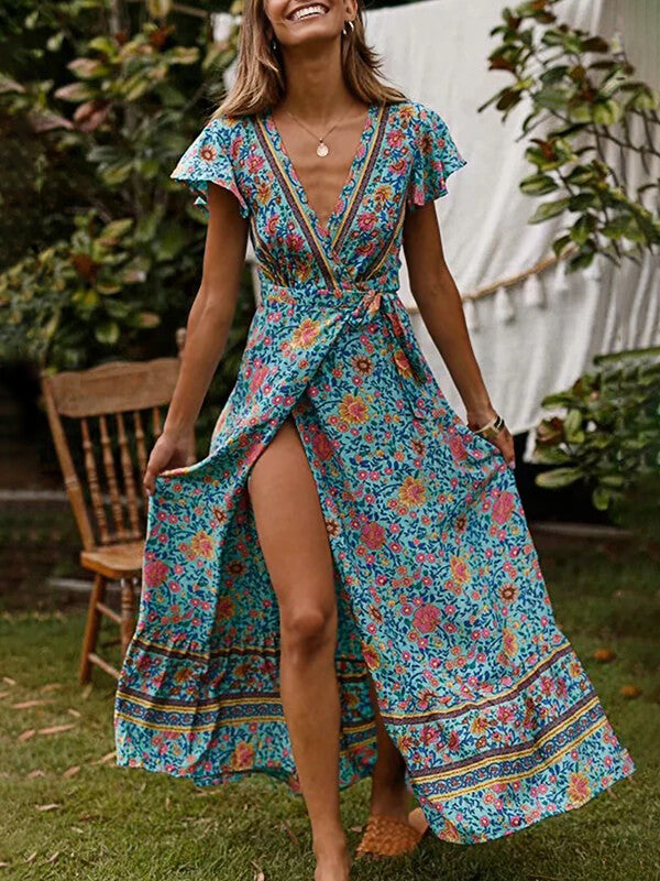 Sexy Longue Robe Imprimé à Fleurie de Plage Bohème Fendue Cuisse