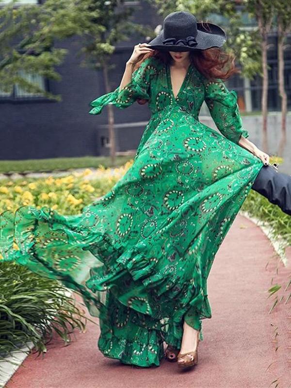 Verte Robe Longue à Fleuries Col en V et Manches 3/4 de Soirée Bohème