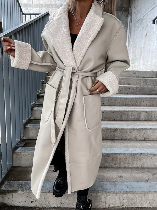 Airchics longue manteau simili cuir boutons avec poches ceinture col revers femme oversized
