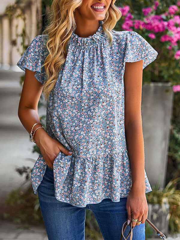 Airchics hauts imprimé à fleurie peplum col rond manches courtes femme mode