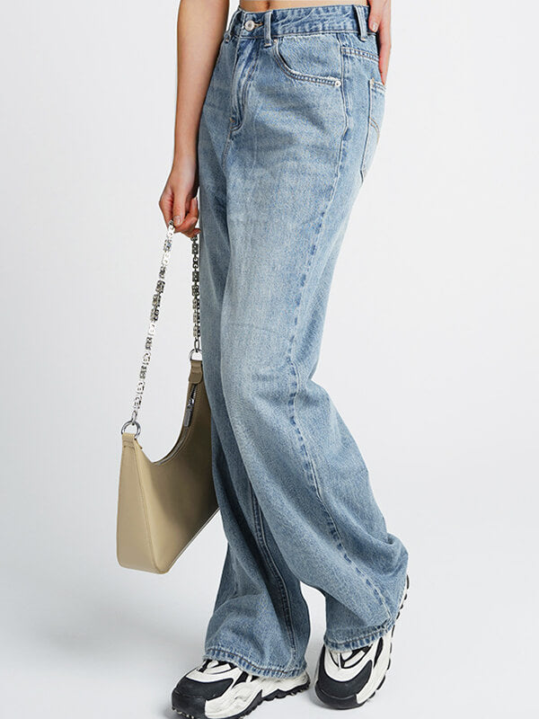 Airchics jeans droit larges jambes évasé avec poches taille haute femme décontracté