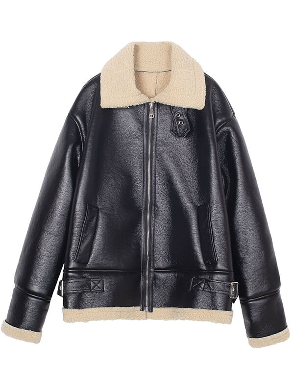 Airchics manteau aviateur simili cuir doublé polaire avec poches chunky buckle col revers femme mode hiver