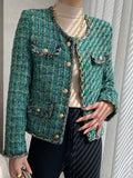 Airchics veste courte en tweed boutonnage avec poches femme élégant bleu turquoise
