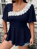 tops-bleu-fonce-patchwork-dentelle-grande-taille